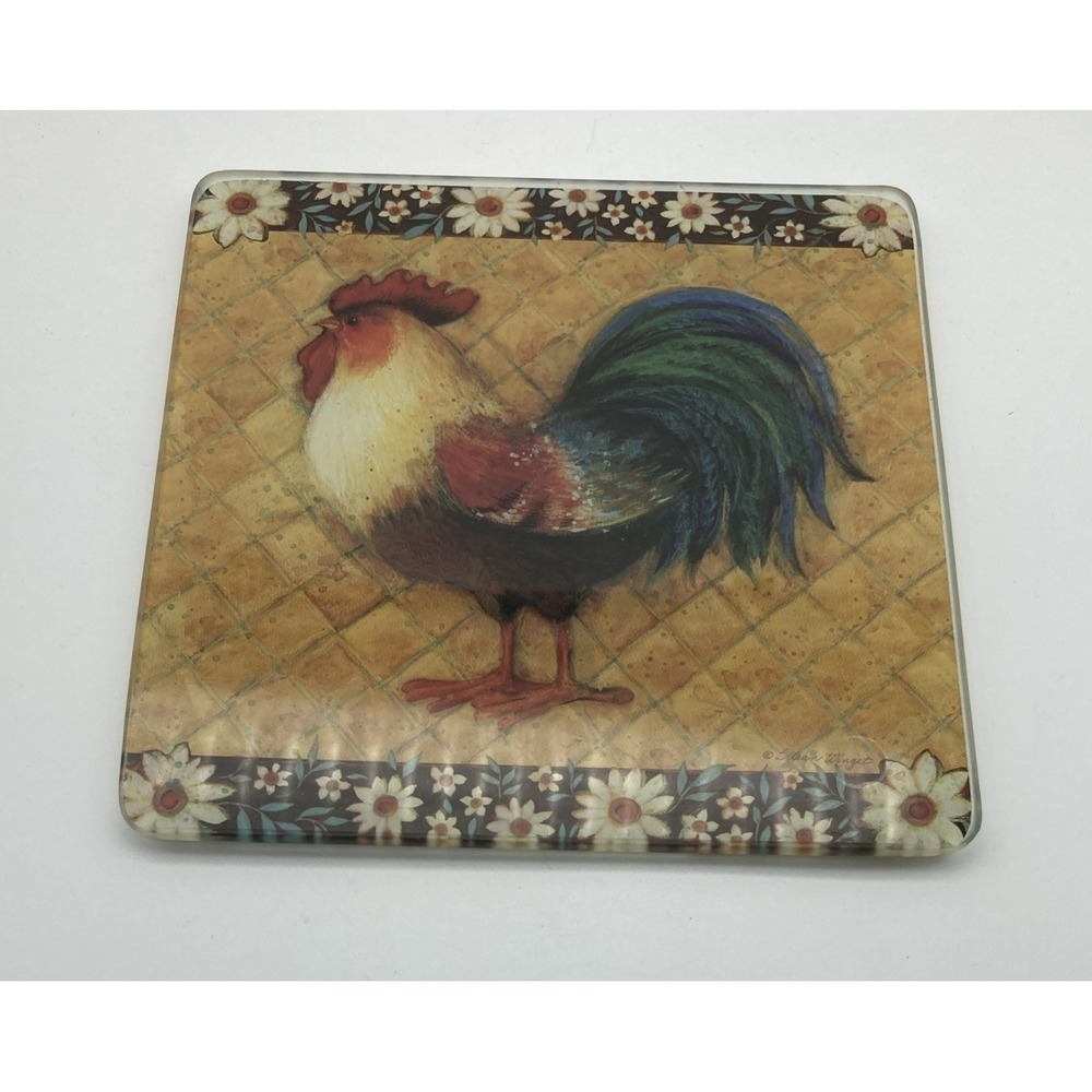 "Farm Fresh Rooster" By Susan Wingett Glass Trivet 6" Square